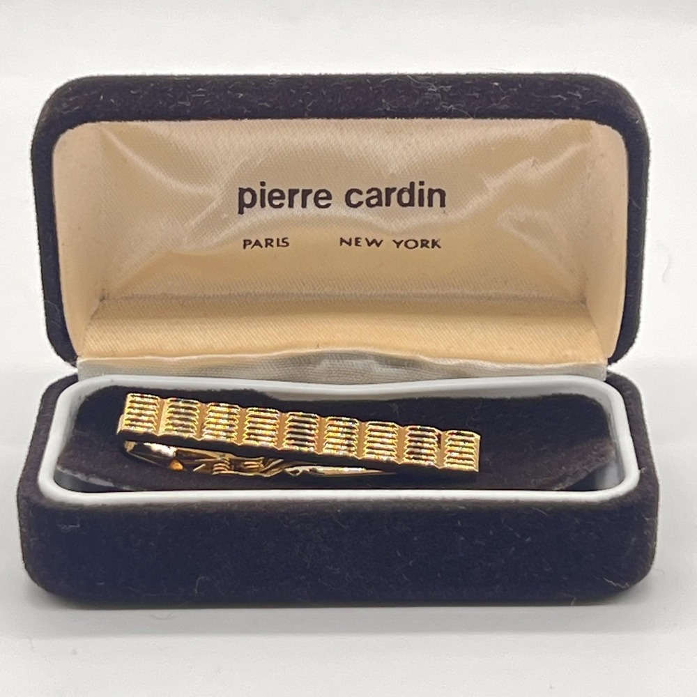 Vintage Pierre Cardin Gold Tone Men's Tie Bar Clip Ribbed Original Case Signed